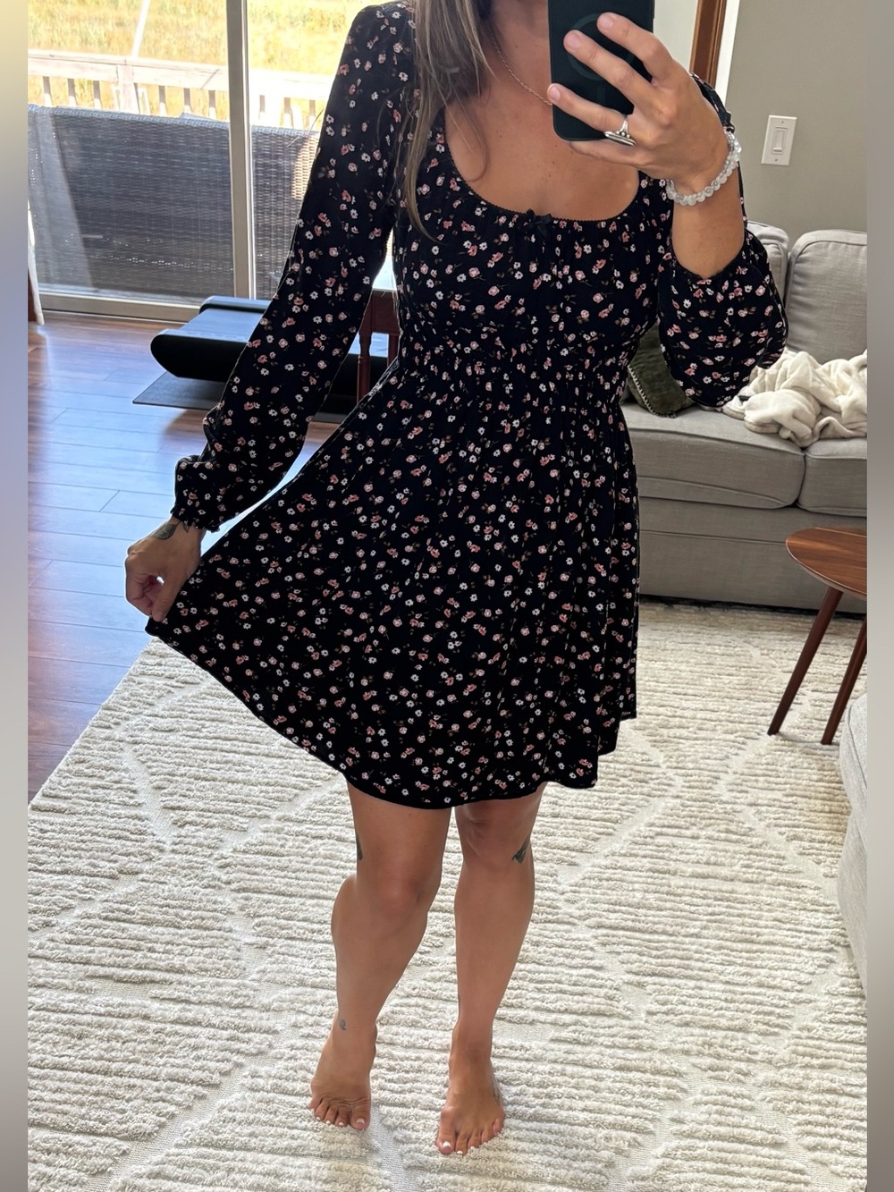 Black Long Sleeve Floral Smocked-Waist Dress - Chic & Comfortable